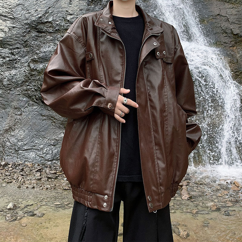 American Retro Solid Color Leather Jacket for Men, High-End Niche Trendy Street Style Biker Jacket, Pilot Pu Leather Jacket