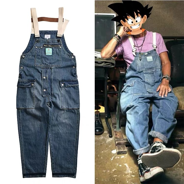 Inverse Craftsman American-style Ami Khaji Wash Old Denim Suspender Pants Men's Trendy Brand Multi-pocket Suspenders Jumpsuit