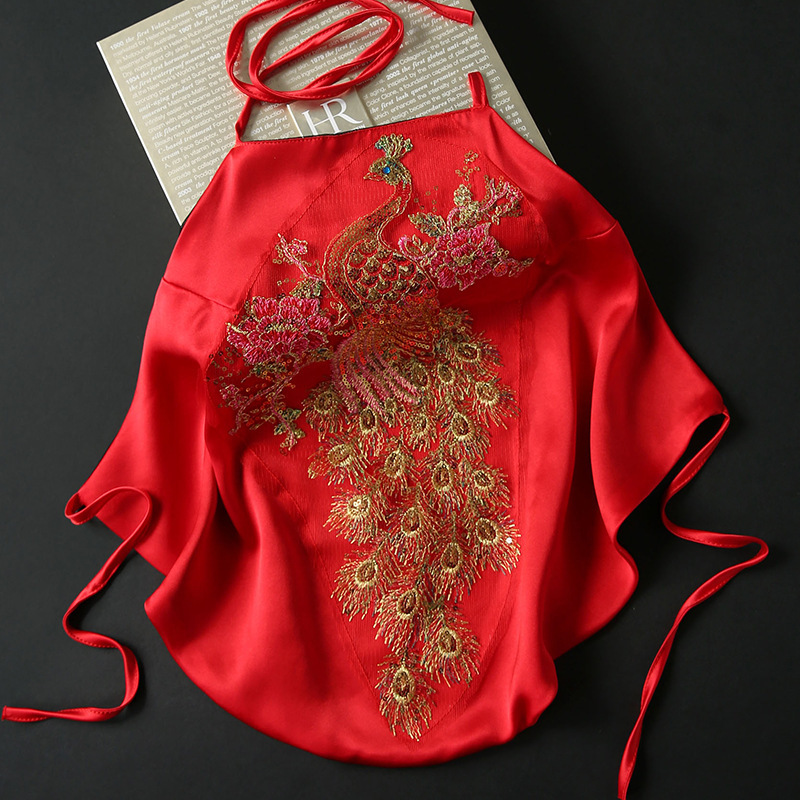 Silk Embroidered Flower Bellyband Adult Sling Mulberry Silk Thin Lace-up Red Summer Women's Inner Chiffon Underwear