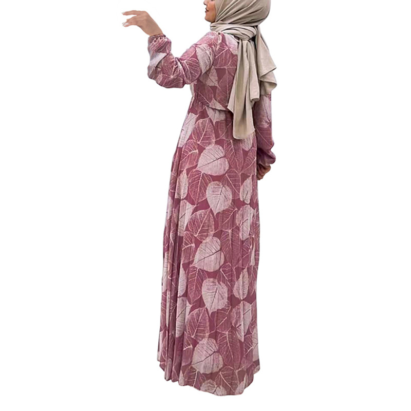M2236 Middle East Dubai Women's Robe New Leaf Pleated Skirt Fashionable Waist-Cinching Dress_ecoleips.com