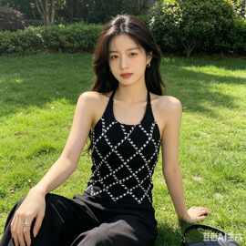 孟同款吊带黑白织带格纹挂脖设计时尚气质小香风上衣潮