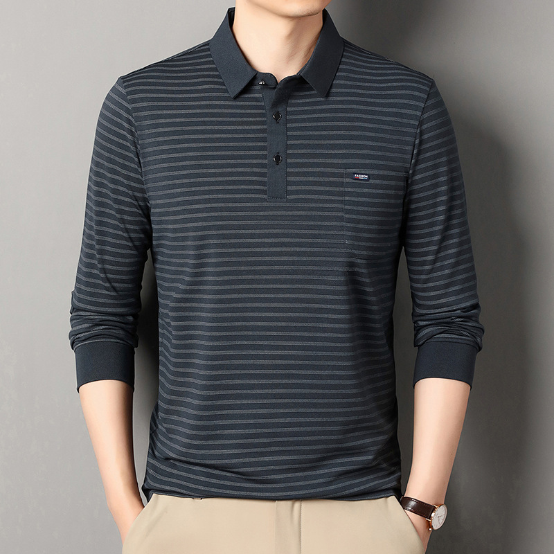男士长袖t恤薄款中老年爸爸秋装带兜上衣翻领宽松条纹春秋打底衫