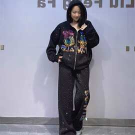 拉链开衫套装女欧美2026冬季新款烫钻运动休闲连帽卫衣两件套加绒