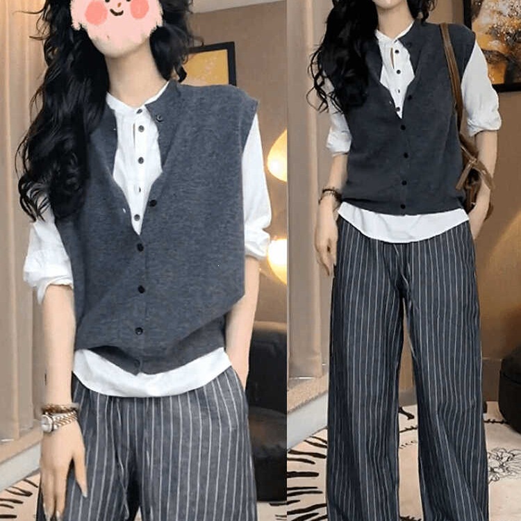 Summer and Autumn Outfits Include a Complete Set of Casual Knitted Vests, Layered Shirts, Casual Pants, and a Three-Piece Set for Women