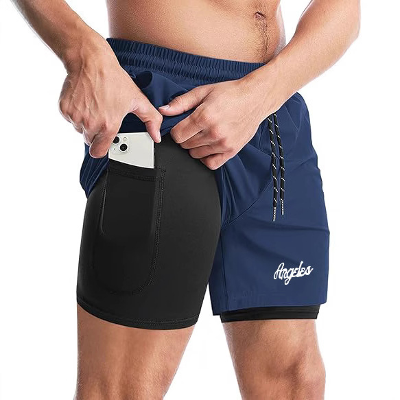 ANGSLSA four-sided elastic shorts, men's summer two-in-one fitness quick-drying sports shorts