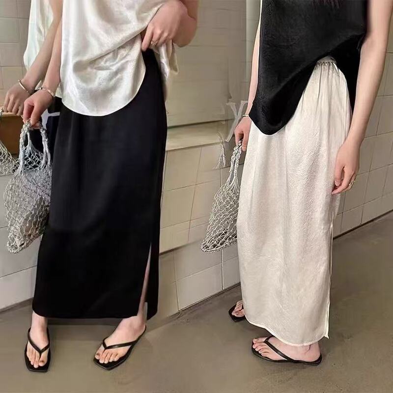 Gentle Style Black Satin Long Skirt with Summer Design, High Waist, Side Slit, Slimming Straight Skirt, Suitable for Work and Dates
