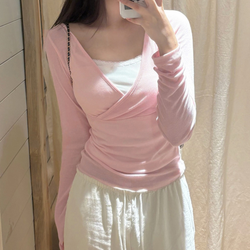 甜美少女温柔风气质优雅V领假两件上衣多巴胺修身显瘦打底衫长袖|undefined