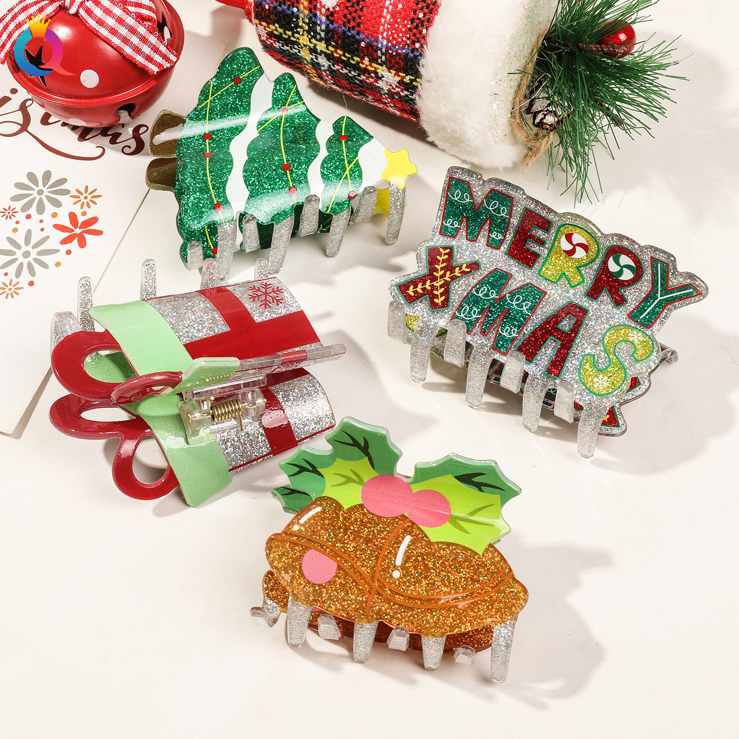 Christmas gift Odd reading cross border acrylic Christmas cartoon glitter hair clip disc hair clip senior sense shark clip hair accessories wholesale_voghion.com