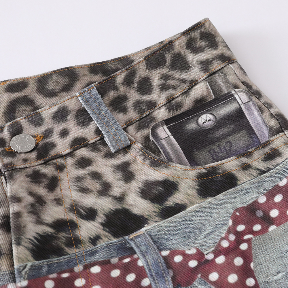 Jeans da uomo a gamba larga con doppia fascia in vita e stampa leopardata, stile hip hop, con stampa 3D, morbidi, di peso medio, vestibilità dritta e ampia._voghion.com
