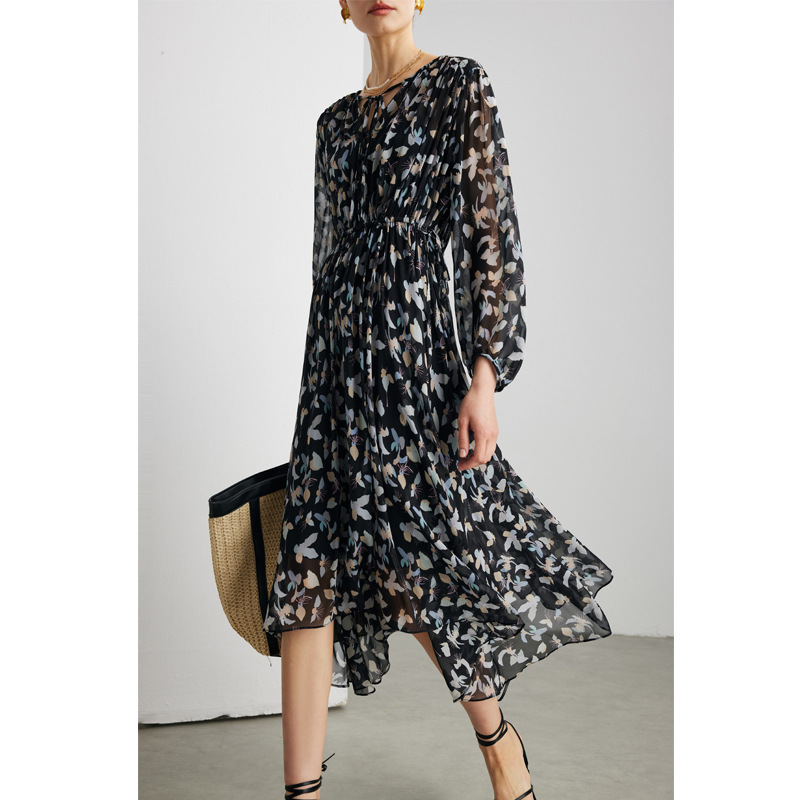 100% Mulberry Silk Dress for Women 2026 Spring and Summer New Long-Sleeved Workwear Waist-Cinching Printed Mulberry Silk Skirt