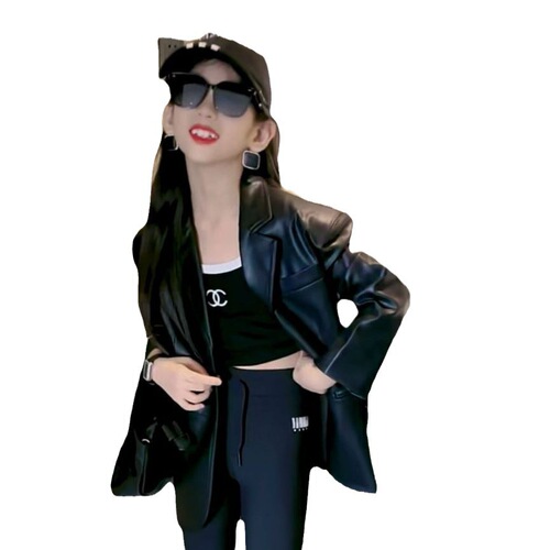 Women's Autumn Leather Jacket Outerwear Korean Version  New Fashion Motorcycle Style Medium Kids Washed Leather Windbreaker