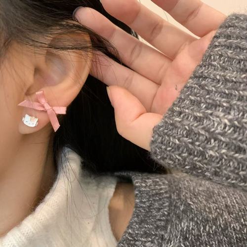 Cute Fashion Pink Sweet Kitty Bow Ear Stud Set for Girls Kitty Bone Stud Geometric Heart Earrings