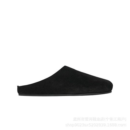 2024 Spring and Autumn New Men's and Women's All-match Retro Genuine Leather Half Slippers Muller Shoes Row Burken Shoes Flat Toe Slippers