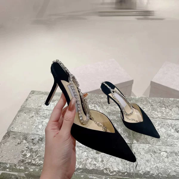 High-End Version of Women's Summer New Style Pointed-Toe Stiletto High-Heeled Genuine Leather Shallow Crystal Sandals with Buckle and Rhinestones