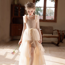跨境女童公主裙香槟色高档礼服蓬蓬纱生日聚会婚礼花童裙套装