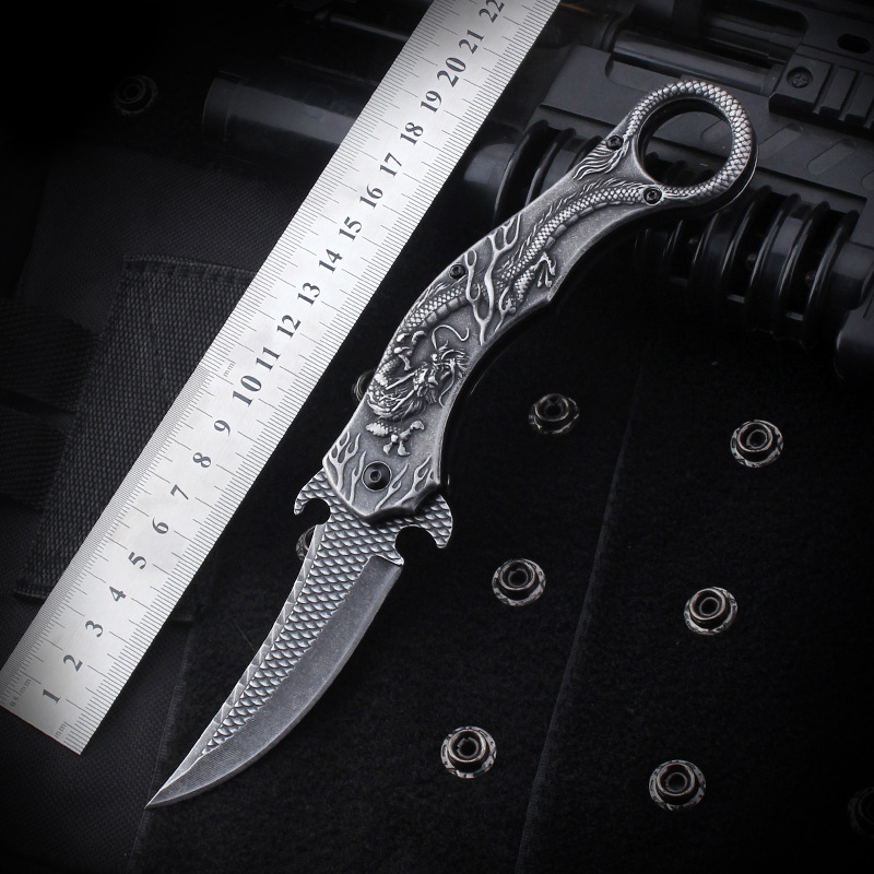 跨境户外石洗折叠刀随身开箱刀具野营求生高硬度精压浮雕折水果刀