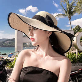 海边度假草帽新款女士大帽檐防晒帽可折叠蝴蝶结沙滩帽防紫外线帽