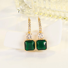New square emerald drop earrings for women with a Korean-style design, 18K gold with zirconia emeralds, wholesale jewelry for women