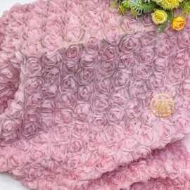 紫色盘带绣花布立体玫瑰网纱面料薄纱花瓣婚纱礼服时装装饰布