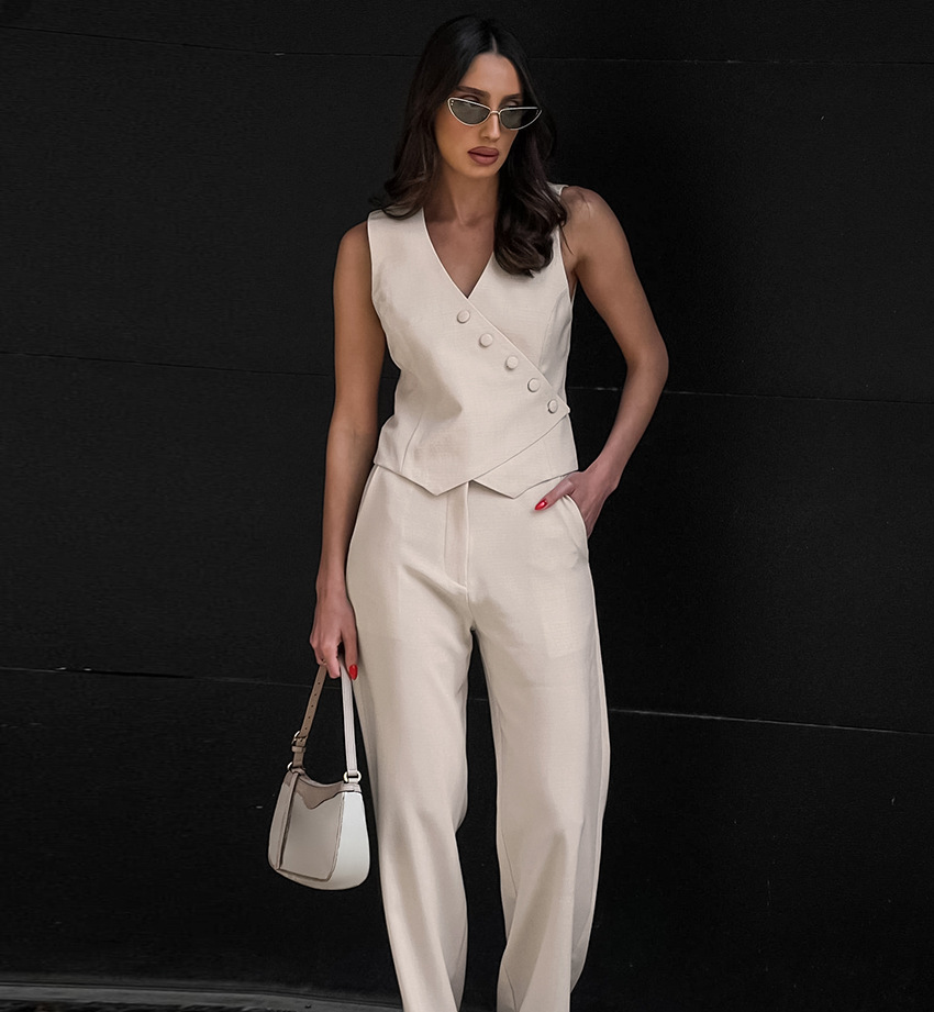455g Weight Sleeveless Sleeve Length Cotton, Hemp Fabric Type Pant Co-ord Set Sets Type 2 Pieces Set Quantity Business, Daily, Formal Occasion V Neck Neckline Regular Fit Fit Type Solid Color Pattern Summer Season Women's Gender Button Design Streetwear Style Business Daily Formal Women's Streetwear Solid Color Cotton Hemp Button Pant Co-ord Set Pants Sets 19
