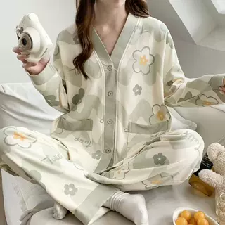 春秋款甜美少女清新睡衣女长袖长裤秋冬季薄款大码开衫家居服套装