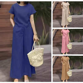 2026圆领短袖衬衫套装女式都市别致运动服宽松长裤2件套夏季时尚