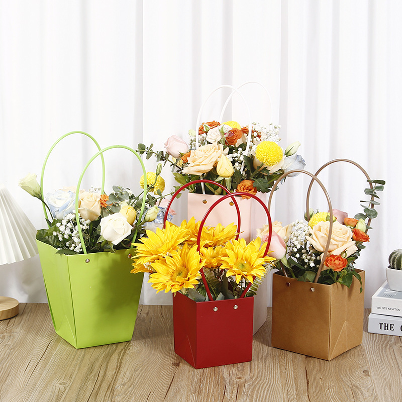 定 做牛皮纸鲜花手提袋防水花篮纸袋皮管礼品手提插花袋