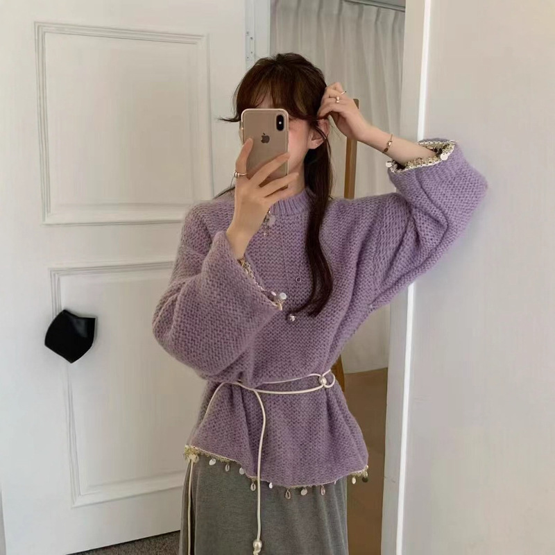 小众温柔紫色慵懒风软糯宽松毛衣女韩系秋冬新款亮片拼接针织上衣|undefined
