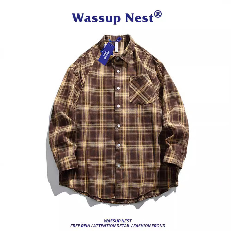 WASSUP NETS Casual Long-sleeved Plaid Shirt Spring and Autumn High-end Fashion Draped Shirt Jacket for Men
