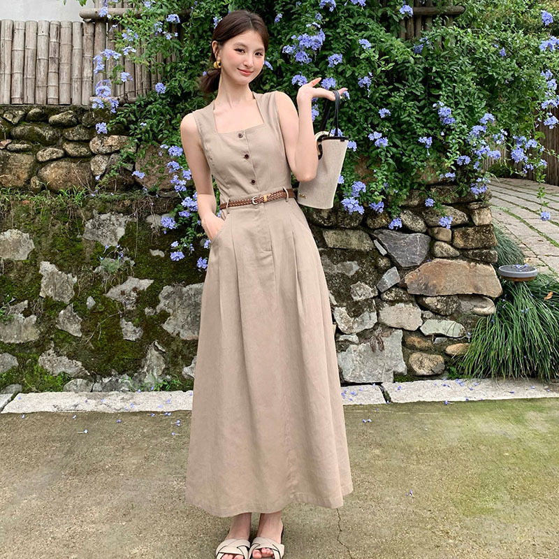 Xiu Xixi 2026 Summer Simple Old Money Style High Waist Tencel Linen Sleeveless Dress Solid Color Long Dress for Women 88581