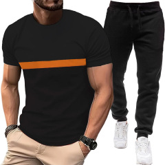 2025 夏半袖ラウンドネック Tシャツヨーロッパとアメリカの新しいクロスボーダーカラーマッチングスポーツレジャー Tシャツメンズパンツスーツ