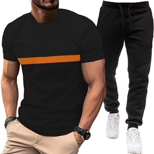 2025 Summer Short-Sleeved Round Neck T-Shirt European and American New Cross-Border Color Matching Sports Casual T-Shirt Men's Pants Suit