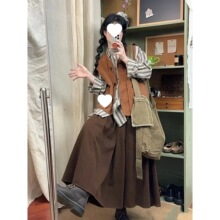 日系软妹森系简约马甲女学生秋复古半身裙休闲衬衫套装