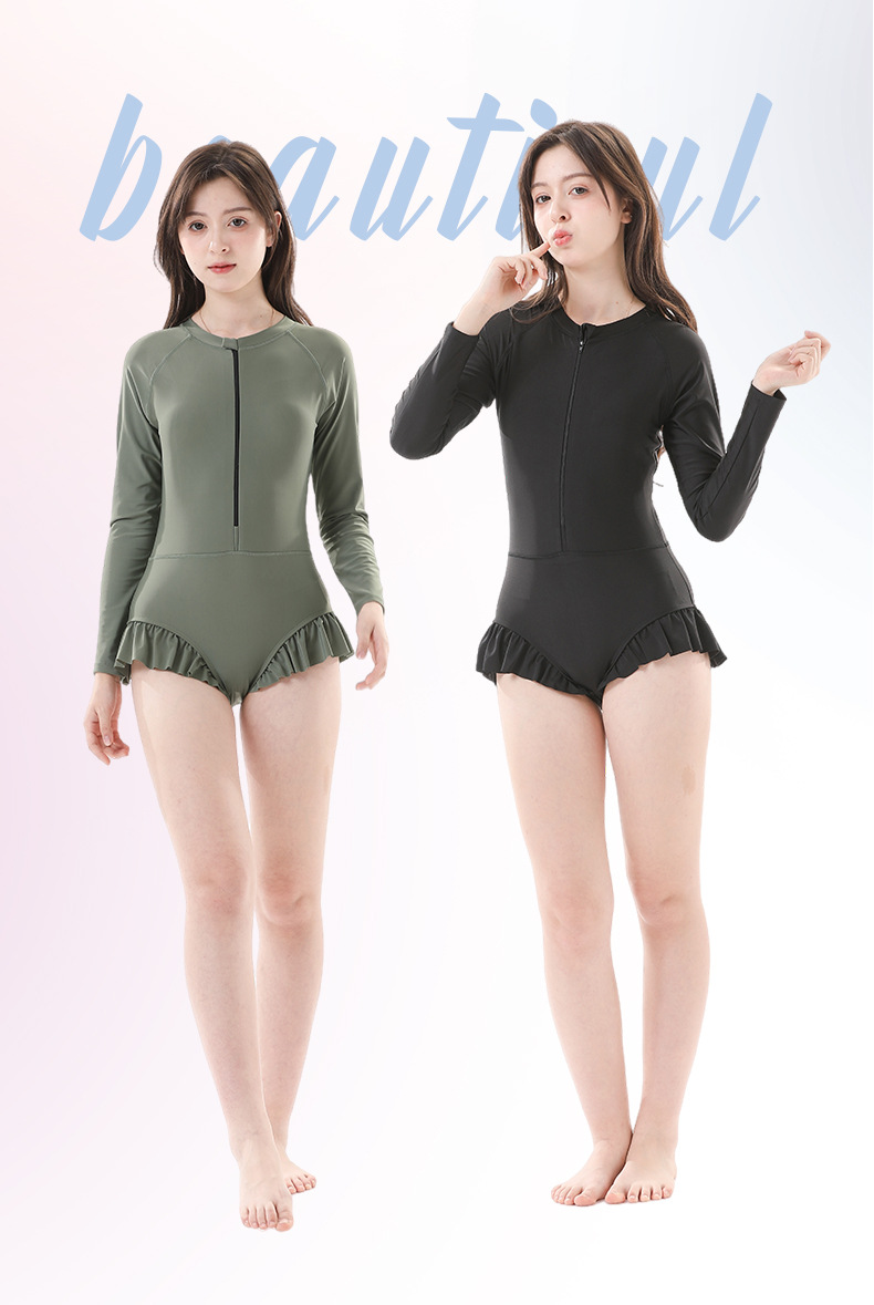 Damen Langarm Badeanzug Konservativ Bauchweg Einteiler Schwimmen_voghion.com