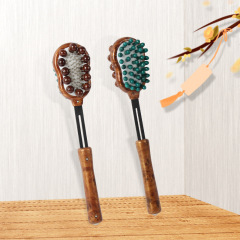 Wooden multi-functional back-knocking acupressure massage hammer with retractable plastic massage stick, elderly back health hammer