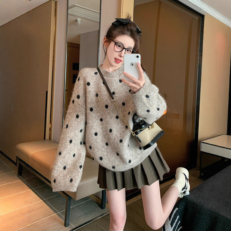 Khaki Polka Dot Pullover Knitwear for Women 2025 New Autumn and Winter Thickeneded Loose Casual Lazy Style Inner Knitwear