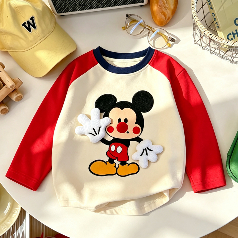 Color-blocked cartoon 3D Michi doll print long-sleeved T-shirt, autumn Korean style casual round neck children's top