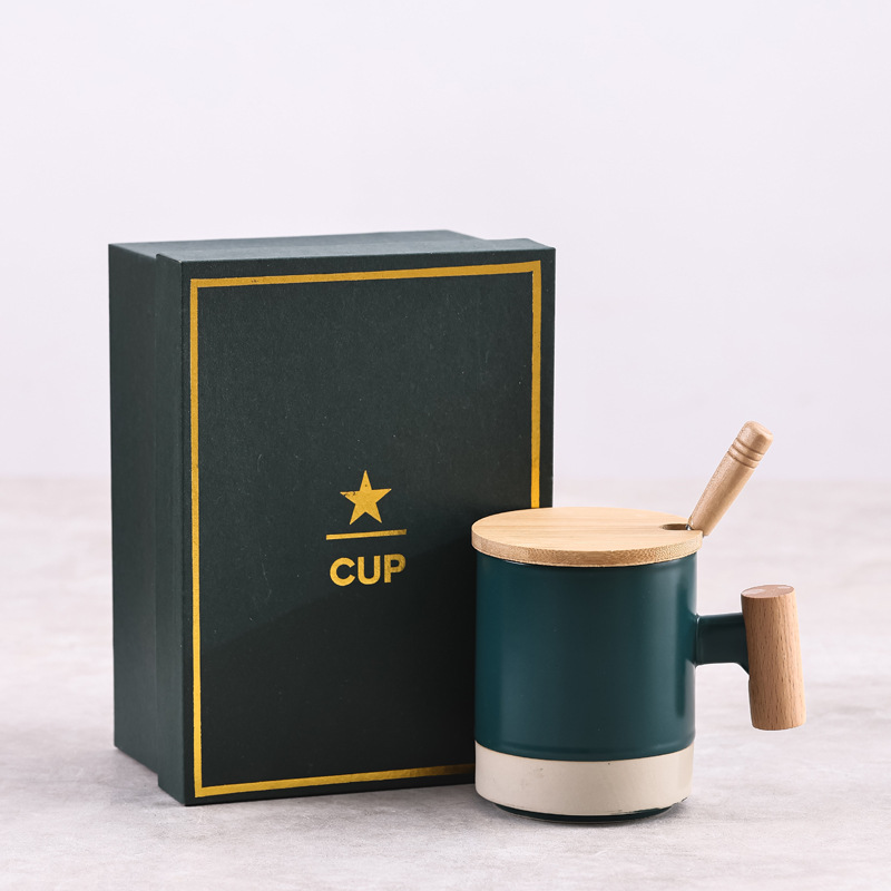 Mango de madera original taza de cerámica taza de café taza de agua taza con cubierta cuchara caja de regalo LOGO al por mayor