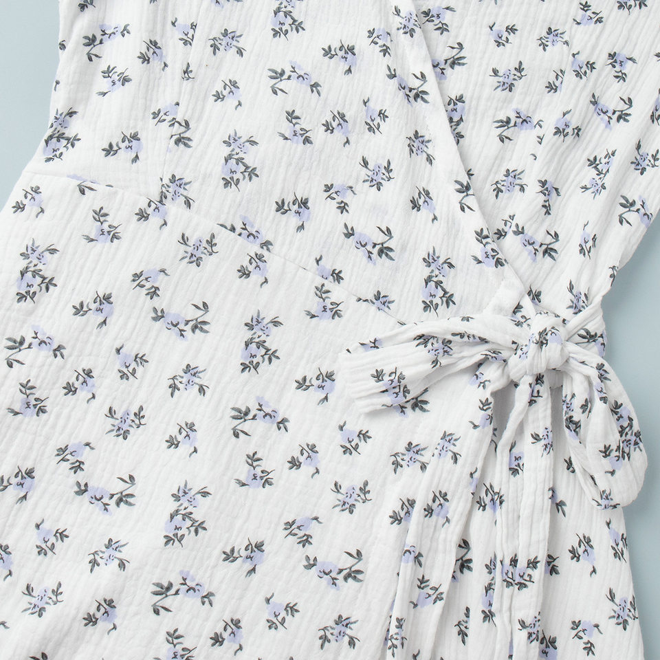 Đầm liền cotton in hoa cổ chữ V tay bồng buộc dây lưng cao — Hoa oải hương, Hoa tulip màu hồng, Màu be, Màu hồng chi tiết 15