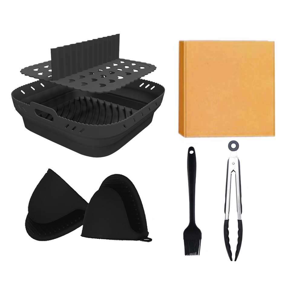 Almohadilla para olla frita de aire de 8,5 pulgadas bandeja para hornear cuadrada cepillo de aceite juego de clip de comida caja de papel kraft fabricante negro gris