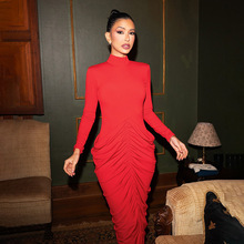 2025欧美风女装秋季新款纯色气质修身显瘦褶皱高领长袖连衣裙长裙