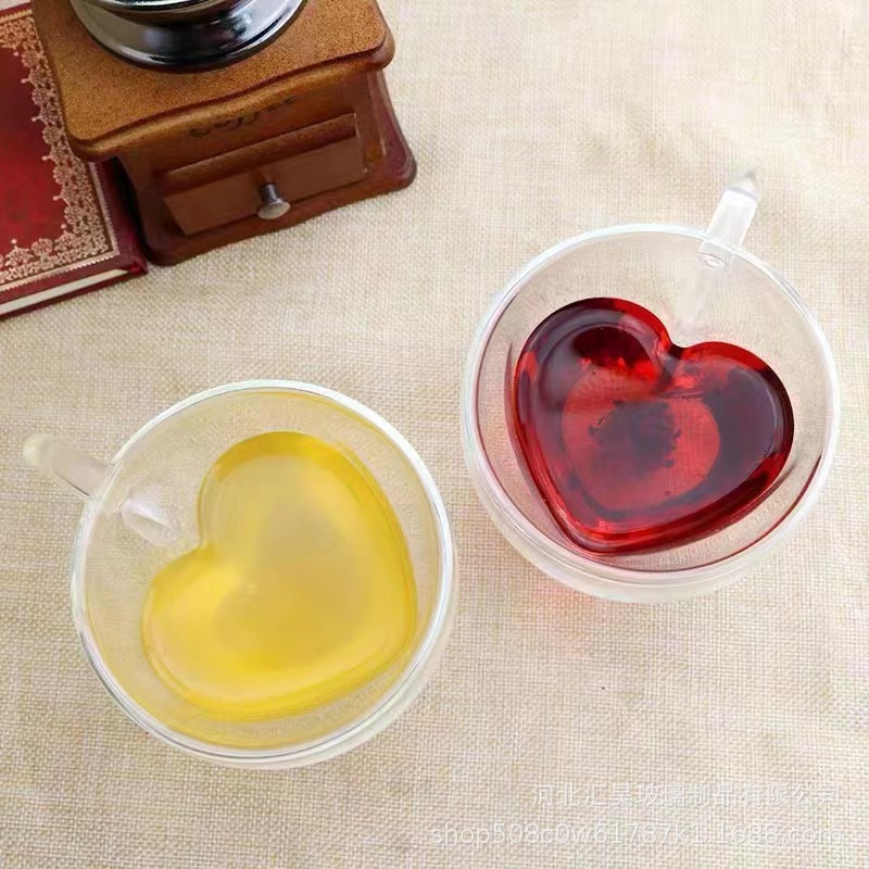玻璃杯耐热高硼硅玻璃奶茶喝水杯子带把心形内胆牛奶杯隔热双层杯