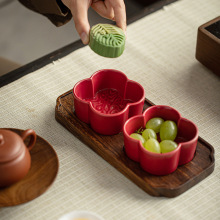 中式汝窑陶瓷干果盘分格多格水果盘家用零食胡桃木茶点心盘木托盘