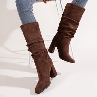One-Step Solid Color European and American Fashion Sheepskin Suede Pleated Fashion High-Top High-Heeled Women's Boots