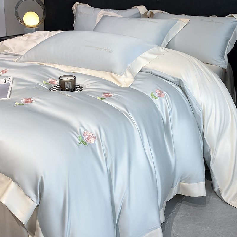 2025 verano lavado cama de seda de hielo juego de cuatro piezas sedoso sueño desnudo dormitorio de estudiantes ropa de cama de lujo ligero juego de tres piezas