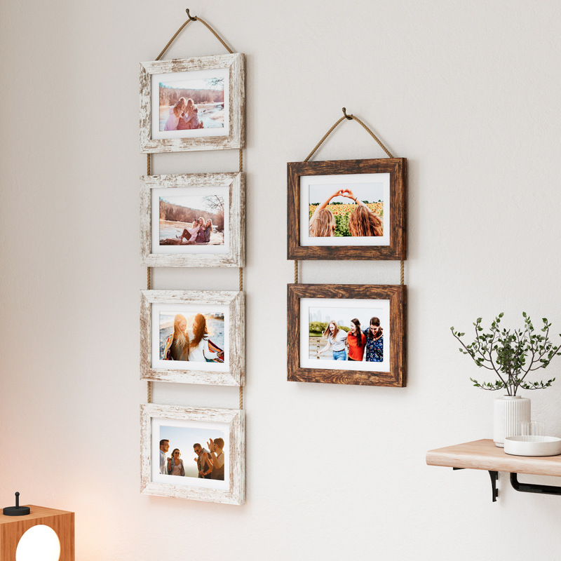 Creative solid wood photo frame, hand-twisted hemp rope two-panel and four-panel wooden photo frame suitable for 4* 4*6inch photo hanging frame