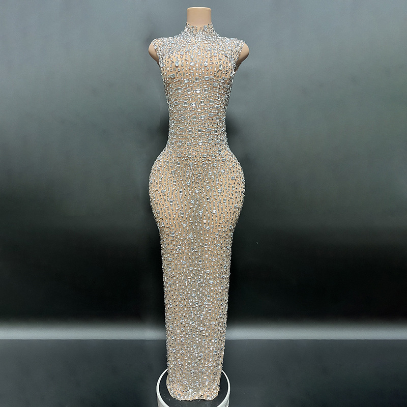 Novance 2025 Golden Sparkling Diamond Low Round Neckline Sexy and Elegant Party Dress Long Dress