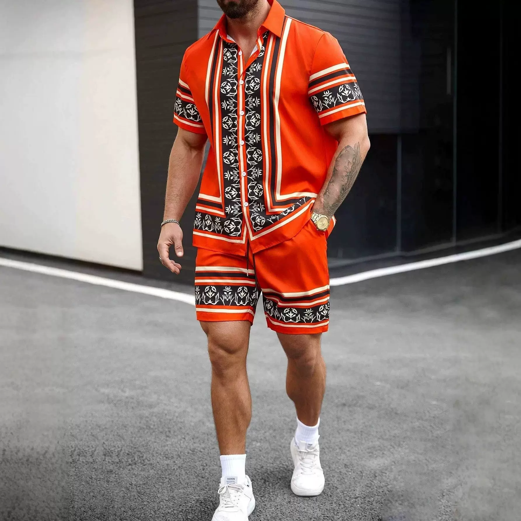 TEMU  国际站 潮流百搭艺术图案印花复古男士衬衫套装