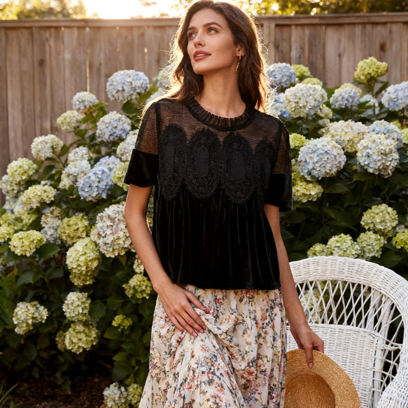 Cross-Border Ready-Stock Chiffon Tops, Loose Short-Sleeved Shirts, European and American Style Women's Fashion, Versatile, Light Luxury Lace Style