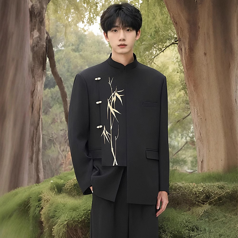 New Chinese Style Men's Dress Engagement Ceremony Irregular Suit suit Guofeng Vertical Collar Golden Bamboo Embroidered Zhongshan Suit